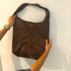 Aritzia auxiliary brown leather silo hobo tote bag